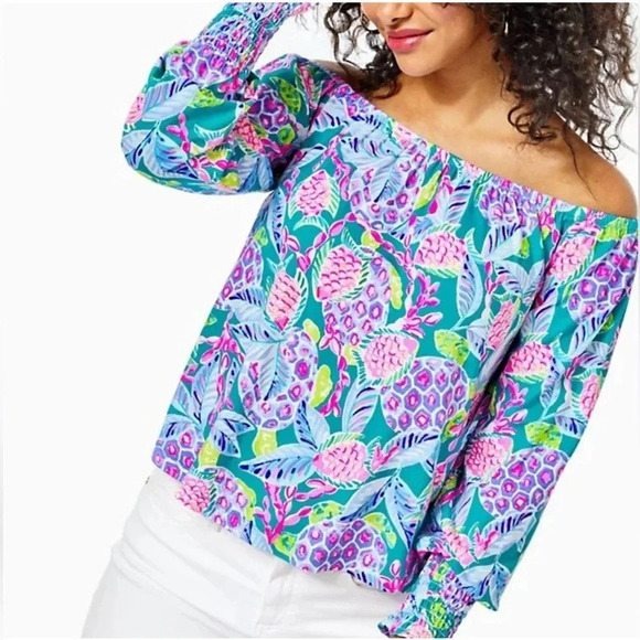 Lilly Pulitzer Lana Off-The-Shoulder Top Maldives Green Turtle Wave Size XLarge - Picture 1 of 15